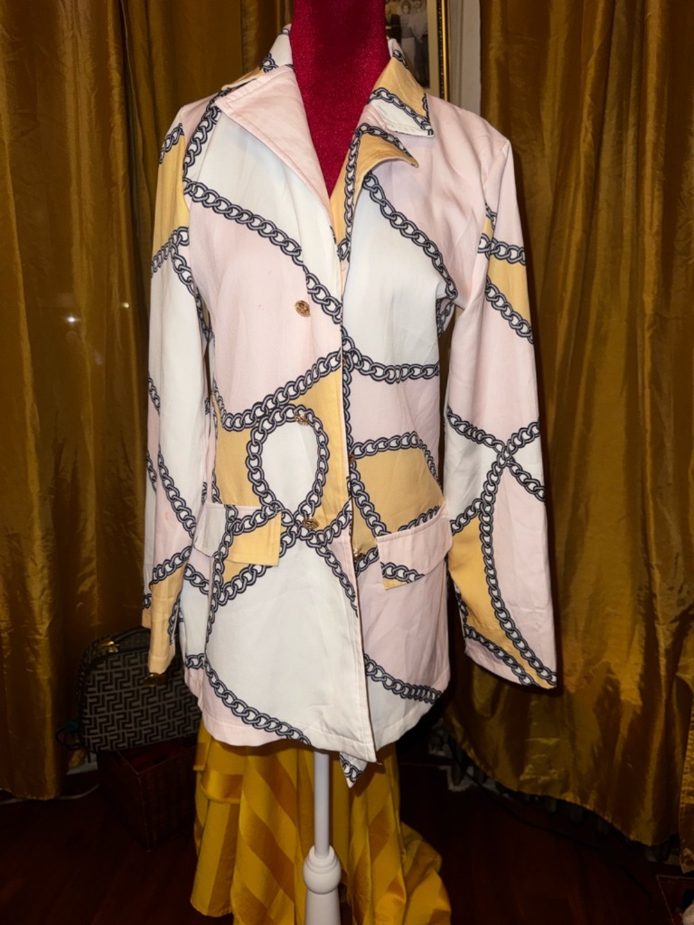 Chain-Print Pastel Pink & Cream Blazer Jacket